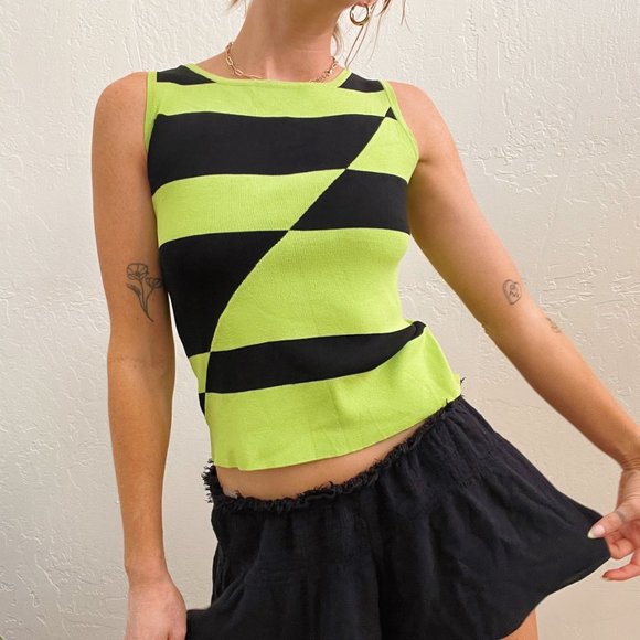 Y2K Lime Green Black Funky Abstract Knit Sleeveless Top - Picture 7 of 8